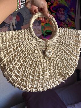 Woven Straw Circle Handle Tote Bag - Cream
